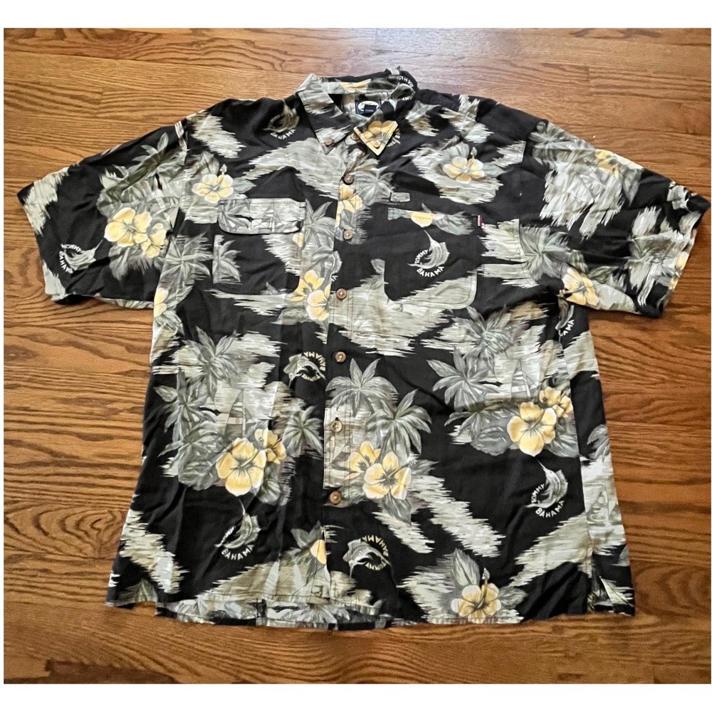 Tommy Bahama Mens XL Black Tropical Floral Marlin Rayon Hawaiian Shirt Short Slv